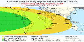 HilalMap: Crescent Visibility Map Jumadal-Akhirah 1441 AH. Moon sighting on Saturday, 25 January 2020 AD.