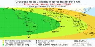 HilalMap: Crescent Visibility Map Rajab 1441 AH. Moon sighting on Monday, 24 February 2020 AD.