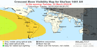 HilalMap: Crescent Visibility Map Sha'ban 1441 AH. Moon sighting on Tuesday, 24 March 2020 AD.