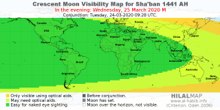 HilalMap: Crescent Visibility Map Sha'ban 1441 AH. Moon sighting on Wednesday, 25 March 2020 AD.