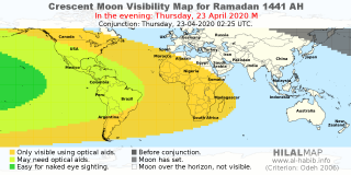 HilalMap: Crescent Visibility Map Ramadan 1441 AH. Moon sighting on Thursday, 23 April 2020 AD.