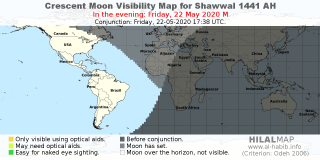 HilalMap: Crescent Visibility Map Shawwal 1441 AH. Moon sighting on Friday, 22 May 2020 AD.