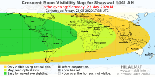 HilalMap: Crescent Visibility Map Shawwal 1441 AH. Moon sighting on Saturday, 23 May 2020 AD.