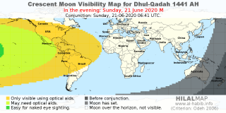 HilalMap: Crescent Visibility Map Dhul-Qadah 1441 AH. Moon sighting on Sunday, 21 June 2020 AD.