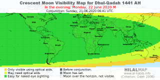 HilalMap: Crescent Visibility Map Dhul-Qadah 1441 AH. Moon sighting on Monday, 22 June 2020 AD.
