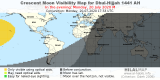 HilalMap: Crescent Visibility Map Dhul-Hijjah 1441 AH. Moon sighting on Monday, 20 July 2020 AD.
