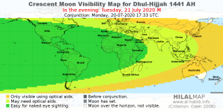 HilalMap: Crescent Visibility Map Dhul-Hijjah 1441 AH. Moon sighting on Tuesday, 21 July 2020 AD.