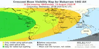 HilalMap: Crescent Visibility Map Muharram 1442 AH. Moon sighting on Wednesday, 19 August 2020 AD.