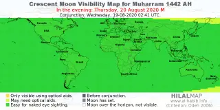HilalMap: Crescent Visibility Map Muharram 1442 AH. Moon sighting on Thursday, 20 August 2020 AD.