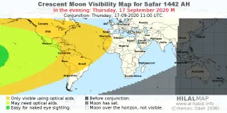 HilalMap: Crescent Visibility Map Safar 1442 AH. Moon sighting on Thursday, 17 September 2020 AD.