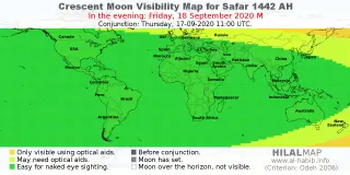 HilalMap: Crescent Visibility Map Safar 1442 AH. Moon sighting on Friday, 18 September 2020 AD.