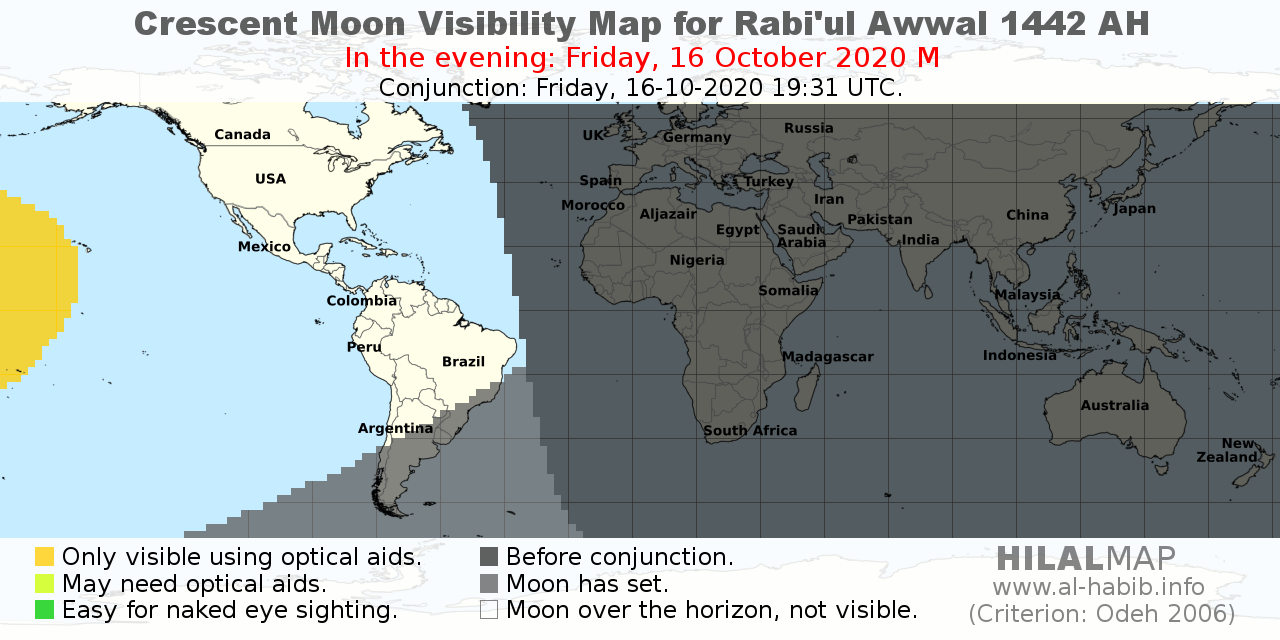 Hilalmap For Rabi Ul Awwal 1442 Ah Crescent Moon Visibility Map Alhabib