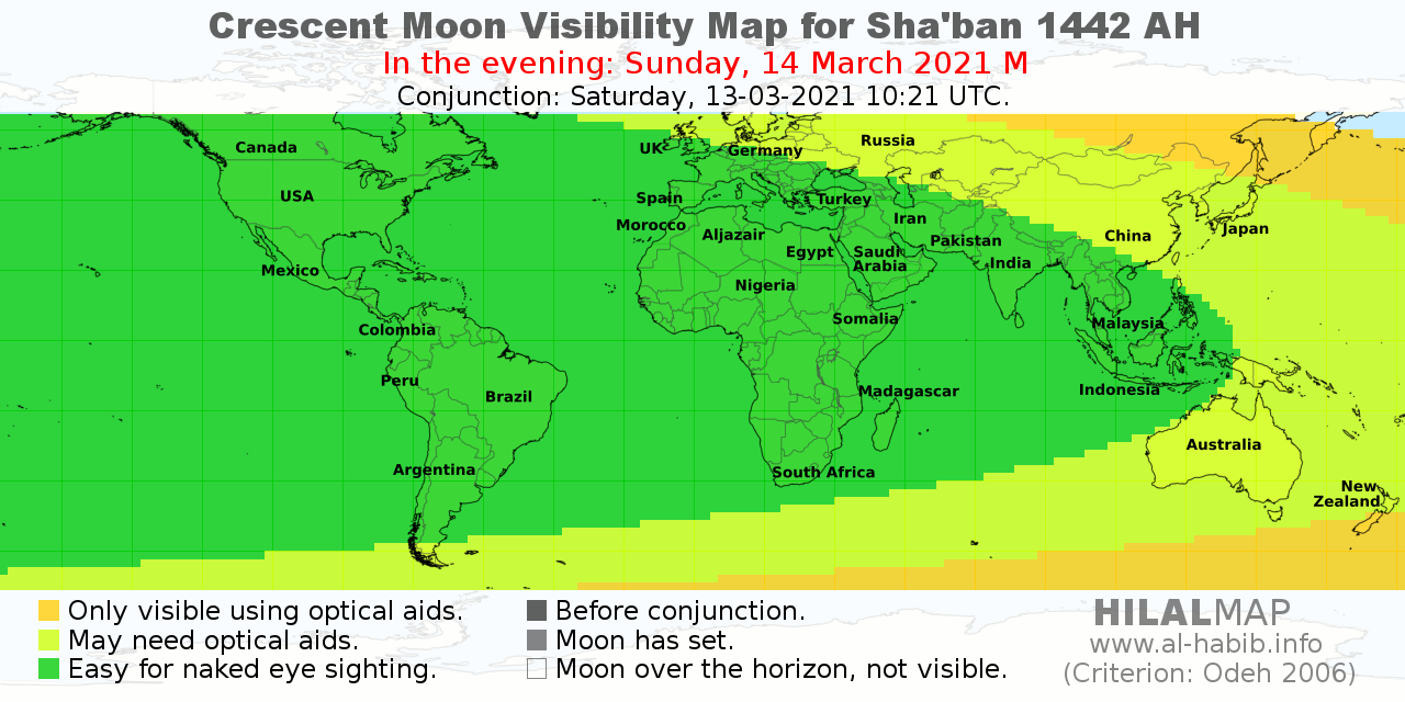 Hilalmap For Sha Ban 1442 Ah Crescent Moon Visibility Map Alhabib