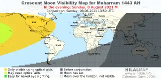 HilalMap: Crescent Visibility Map Muharram 1443 AH. Moon sighting on Sunday, 8 August 2021 AD.