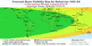 HilalMap: Crescent Visibility Map Muharram 1443 AH. Moon sighting on Monday, 9 August 2021 AD.