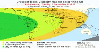 HilalMap: Crescent Visibility Map Safar 1443 AH. Moon sighting on Tuesday, 7 September 2021 AD.