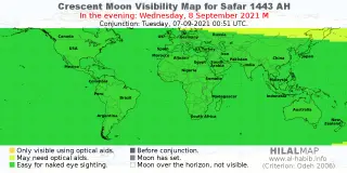 HilalMap: Crescent Visibility Map Safar 1443 AH. Moon sighting on Wednesday, 8 September 2021 AD.