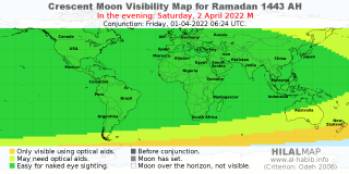 Crescent Moon Visibility Map for Ramadan 1443 AH on the evening of Saturday, 2 April 2022.