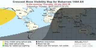 HilalMap: Crescent Visibility Map Muharram 1444 AH. Moon sighting on Thursday, 28 July 2022 AD.