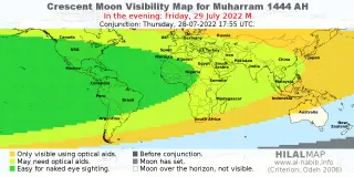 HilalMap: Crescent Visibility Map Muharram 1444 AH. Moon sighting on Friday, 29 July 2022 AD.