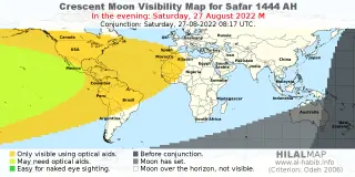HilalMap: Crescent Visibility Map Safar 1444 AH. Moon sighting on Saturday, 27 August 2022 AD.