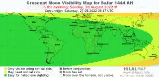 HilalMap: Crescent Visibility Map Safar 1444 AH. Moon sighting on Sunday, 28 August 2022 AD.