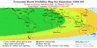 Crescent Moon Visibility Map for Ramadan 1444 AH on the evening of Wednesday, 22 March 2023.