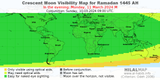Crescent Moon Visibility Map for Ramadan 1445 AH on the evening of Monday, 11 March 2024.