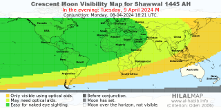 Picture: Crescent Moon Visibility Map for Shawal 1445 AH