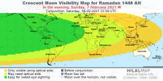 Crescent Moon Visibility Map for Ramadan 1448 AH on the evening of Sunday, 7 February 2027.