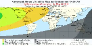 HilalMap: Crescent Visibility Map Muharram 1450 AH. Moon sighting on Wednesday, 24 May 2028 AD.