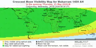 HilalMap: Crescent Visibility Map Muharram 1450 AH. Moon sighting on Thursday, 25 May 2028 AD.