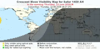 HilalMap: Crescent Visibility Map Safar 1450 AH. Moon sighting on Thursday, 22 June 2028 AD.