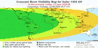HilalMap: Crescent Visibility Map Safar 1450 AH. Moon sighting on Friday, 23 June 2028 AD.
