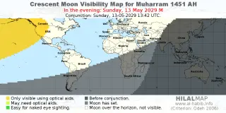 HilalMap: Crescent Visibility Map Muharram 1451 AH. Moon sighting on Sunday, 13 May 2029 AD.