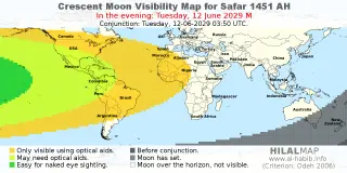 HilalMap: Crescent Visibility Map Safar 1451 AH. Moon sighting on Tuesday, 12 June 2029 AD.