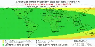 HilalMap: Crescent Visibility Map Safar 1451 AH. Moon sighting on Wednesday, 13 June 2029 AD.