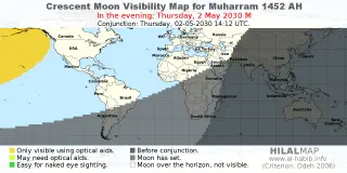 HilalMap: Crescent Visibility Map Muharram 1452 AH. Moon sighting on Thursday, 2 May 2030 AD.