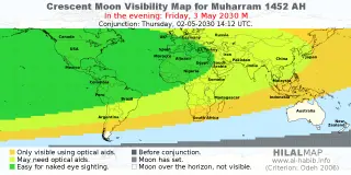 HilalMap: Crescent Visibility Map Muharram 1452 AH. Moon sighting on Friday, 3 May 2030 AD.