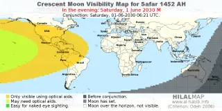 HilalMap: Crescent Visibility Map Safar 1452 AH. Moon sighting on Saturday, 1 June 2030 AD.