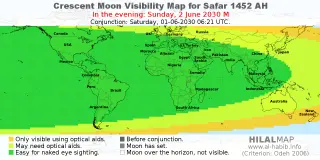 HilalMap: Crescent Visibility Map Safar 1452 AH. Moon sighting on Sunday, 2 June 2030 AD.