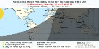 HilalMap: Crescent Visibility Map Muharram 1453 AH. Moon sighting on Monday, 21 April 2031 AD.