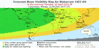 HilalMap: Crescent Visibility Map Muharram 1453 AH. Moon sighting on Tuesday, 22 April 2031 AD.