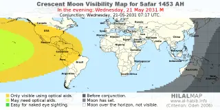HilalMap: Crescent Visibility Map Safar 1453 AH. Moon sighting on Wednesday, 21 May 2031 AD.