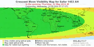 HilalMap: Crescent Visibility Map Safar 1453 AH. Moon sighting on Thursday, 22 May 2031 AD.