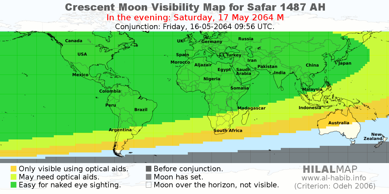 Hilalmap For Safar 1487 Ah Crescent Moon Visibility Map Alhabib