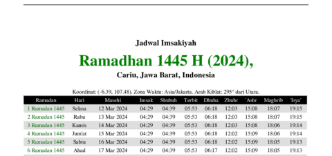 gambar Imsakiyah Ramadhan 1445 H (2024) untuk Cariu, Jawa Barat, Indonesia