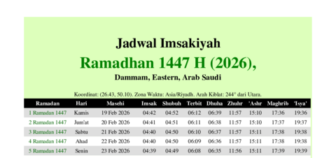 gambar Imsakiyah Ramadhan 1447 H (2026) untuk Dammam, Eastern, Arab Saudi