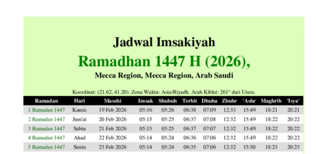 gambar Imsakiyah Ramadhan 1447 H (2026) untuk Mecca Region, Mecca Region, Arab Saudi