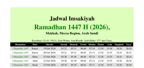 gambar Imsakiyah Ramadhan 1447 H (2026) untuk Mekkah, Mecca Region, Arab Saudi